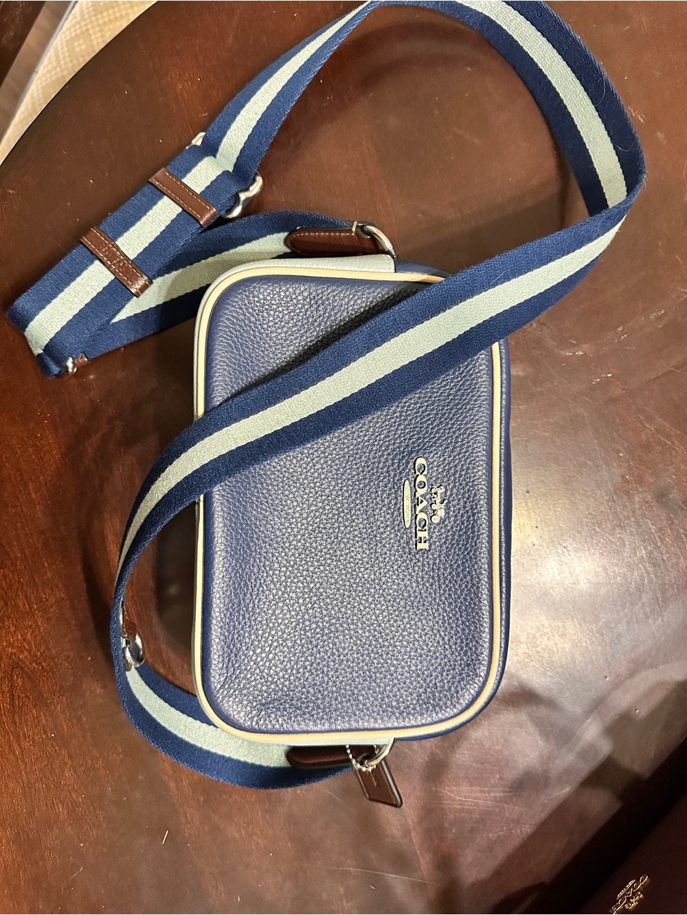 Coach Jamie Navy Pebbled Leather Belt Bag with Striped Strap